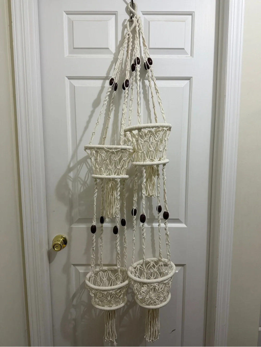 2 Vtg Macramé Hanging Planters 2 tier Pot Holders Cream Rope/Wood Beads, Tassels